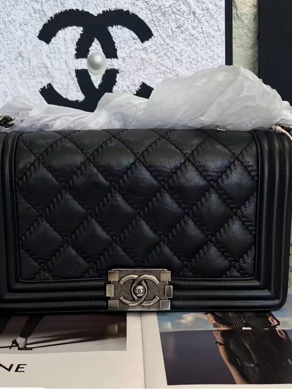 Authentic CHANEL Black Quilted Boy Shoulder Bag with Silver-Tone CC Lock